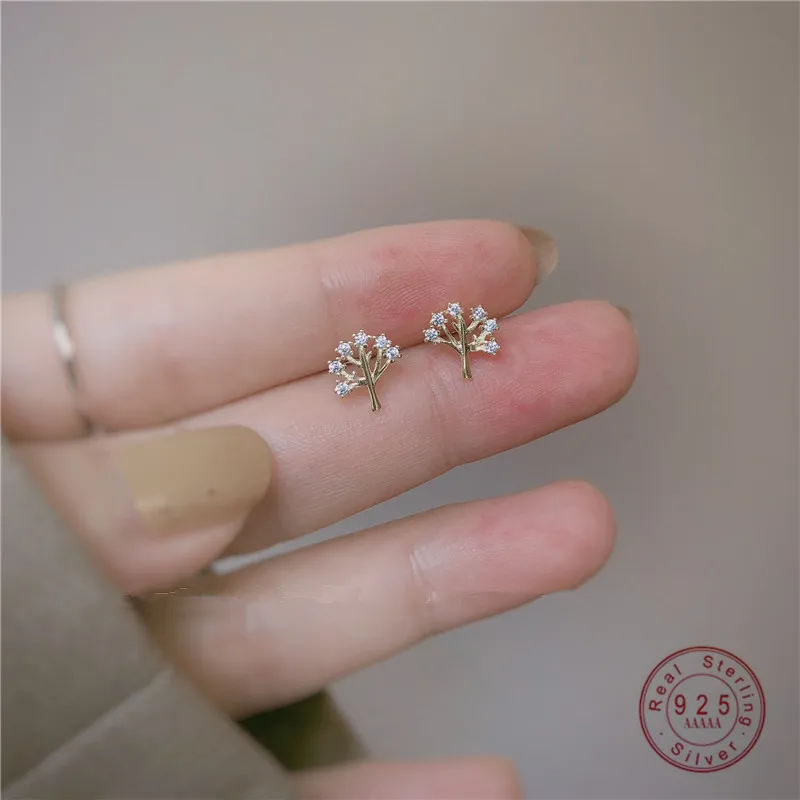 

925 Sterling Silver Korean Exquisite Crystal Tree Life Tree Plating 14k Earrings Women Fashion High-Quality Banquet Gift Jewelry