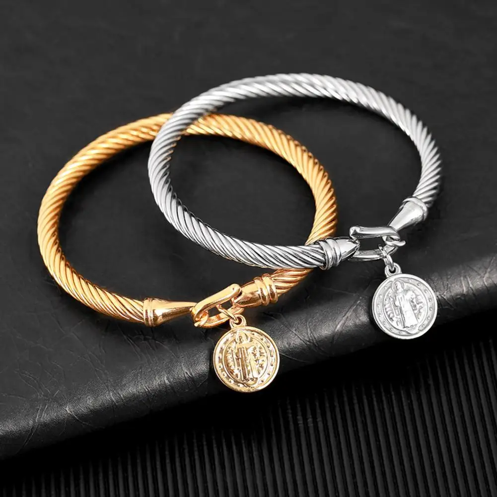 Stainless Steel Jesus San Benito Wire Bangles Saint Benedict Medals Charm Bracelet For Women Religious Jewelry Gift