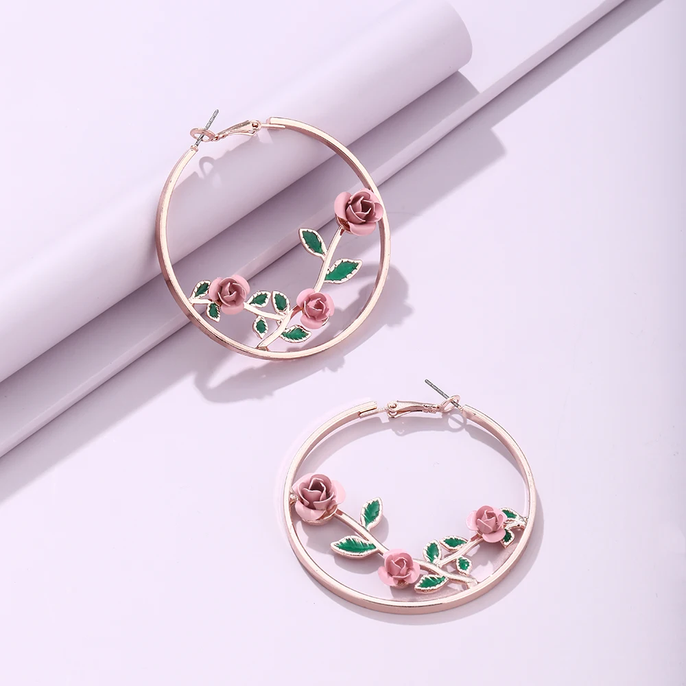 Lost Lady New HoopEarrings Earrings Fashion IN Sweet And Romantic Rose Flower Circle Earrings Alloy Jewelry Wholesale Direct