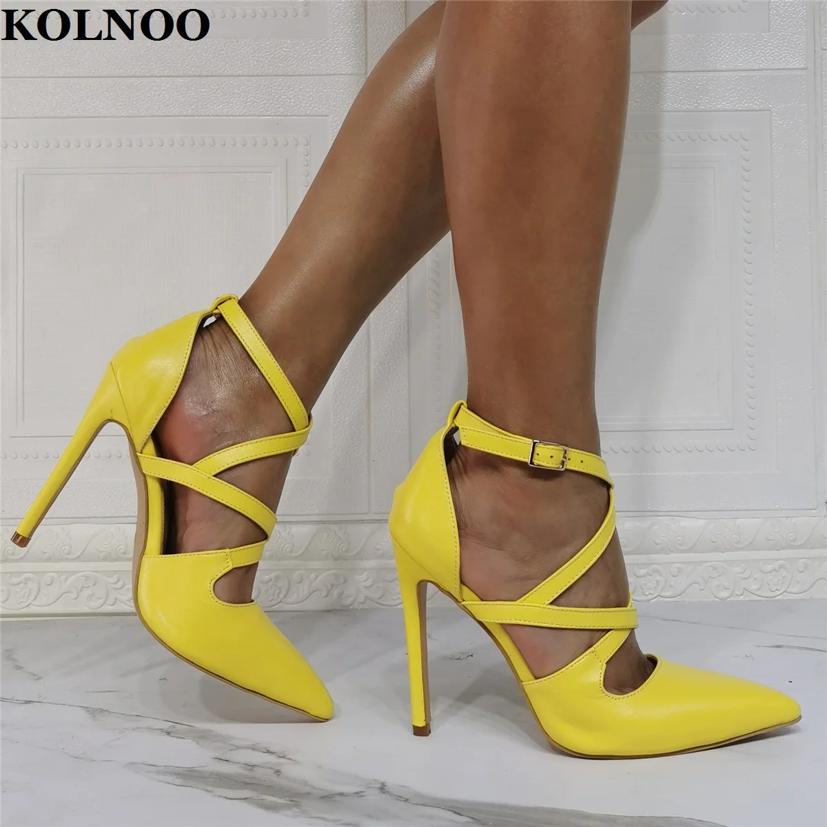 

Kolnoo Handmade Hot Ladies Stiletto Heels Pumps Cross-Buckle Strap Faux-Leather Pointy Party Prom Evening Fashion Court Shoes