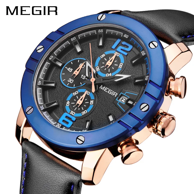 MEGIR Original Mens Masculino Top Brand Luxury Leather Military Sport Clock Quartz WristWatches New  Fashion Hombre Relogios