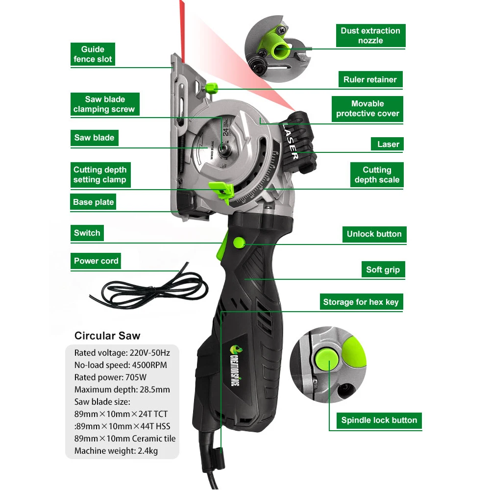 Mini sierra Circular eléctrica 705 W 3500 RPM corte de madera: 42 8mm