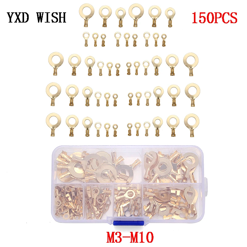 150PCS M3/M4/M5/M6/M8/M10 Ring Lugs Ring Eyes Copper Crimp Terminals Cable Lug Wire Connector Non-insulated Diy Assortment Kit