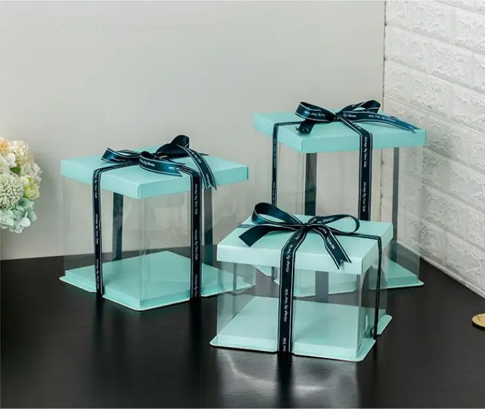 2 sets 26*26*18cm  Blue Paper Base 10 inch Clear Cake Box fo Birthday Cake Gift Packaging