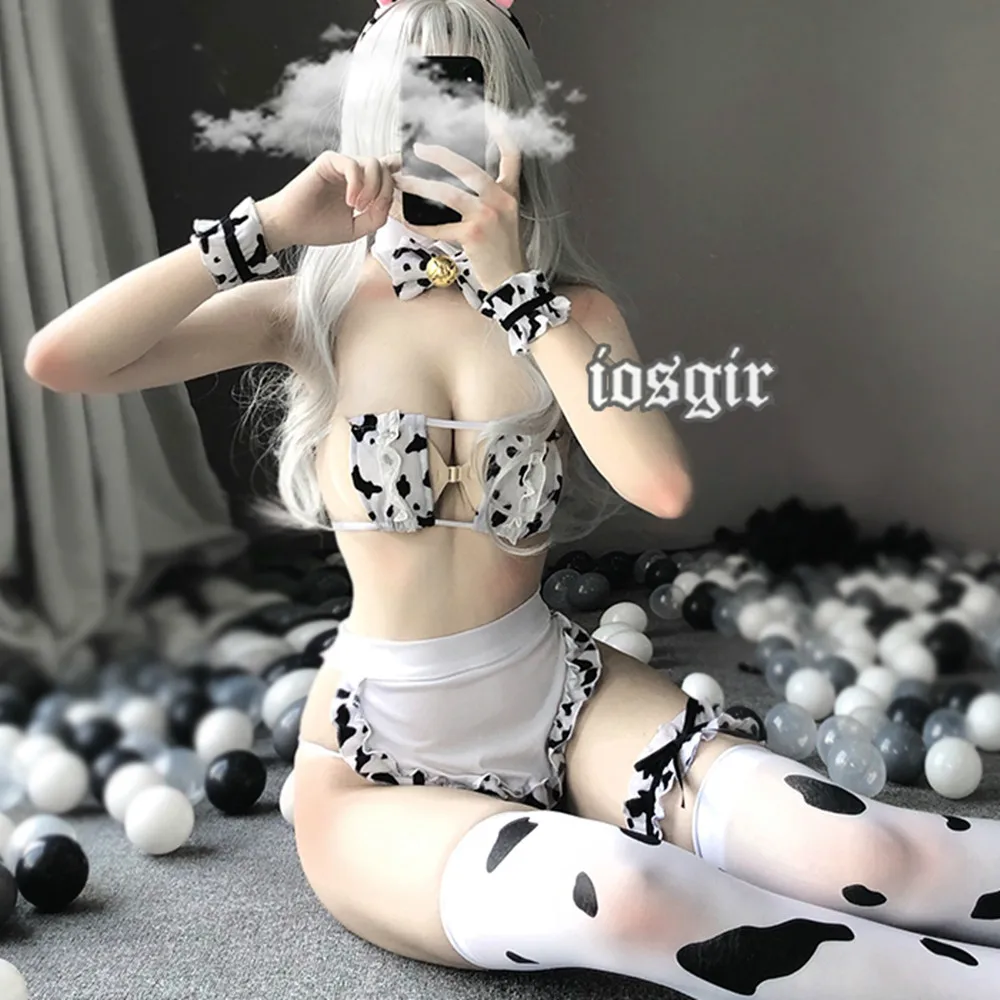 Nowa seksowna bielizna Cos krowa kostium pokojówki Cosplay zestaw mundurków Tankini strój kąpielowy Bikini dziewczyny Anime stroje kąpielowe Lolita