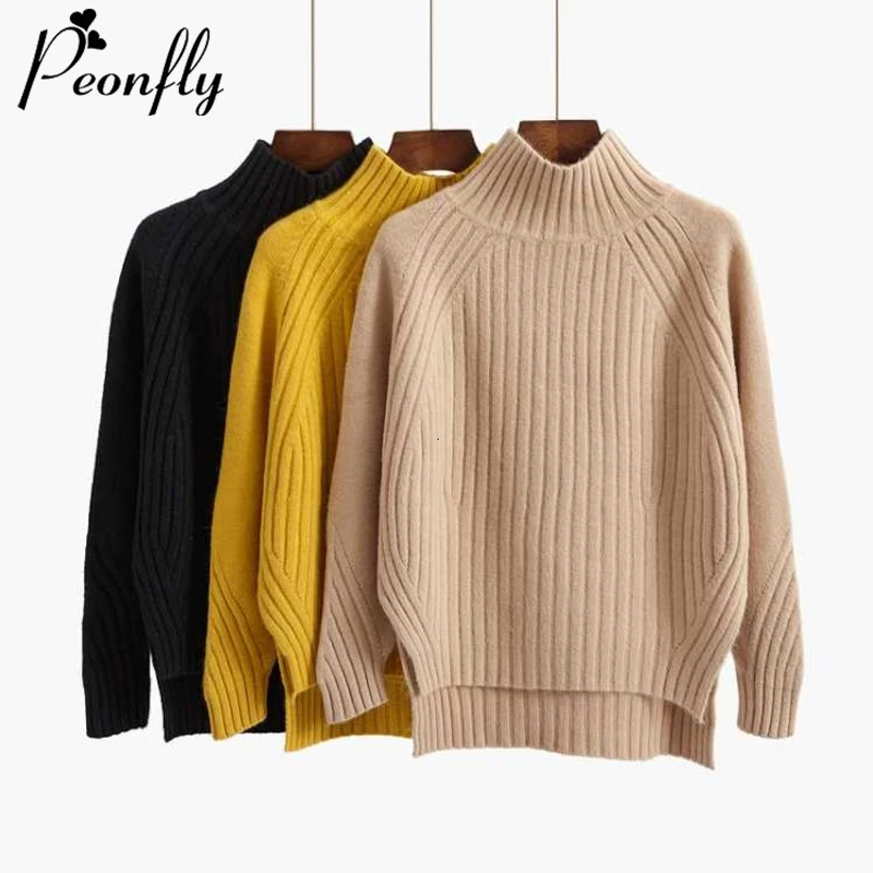 Peonfly Women\'s Sweater Turtleneck Knitted Jumper Solid Color Sweater Casual Loose Long Sleeve Crocheted Pullovers Yellow Black