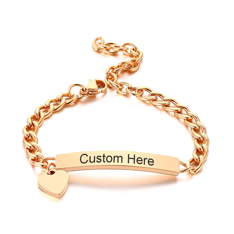 

Custom Name ID Baby Bracelet Stainless Steel Personalized Wristbands In Rose Gold Blod Curb Link Safety Jewelry