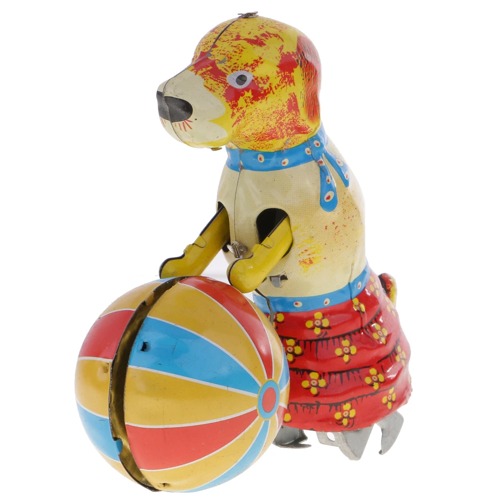 Classic Wind-up Toys Cute Dog Push Ball Clockwork Tin Toy for Adult Novelty