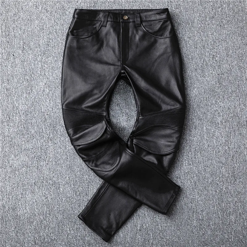 

Autumn Winter Chic Men's Genuine leather pants High quality cow leather biker pants C756