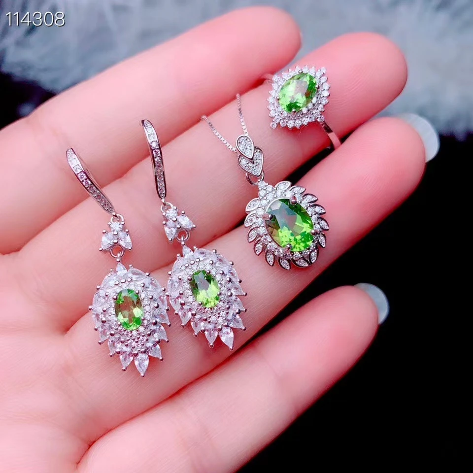 KJJEAXCMY Fine Jewelry 925 Sterling Silver Natural Peridot Earrings Ring Pendant Luxury Ladies Suit Support Testing