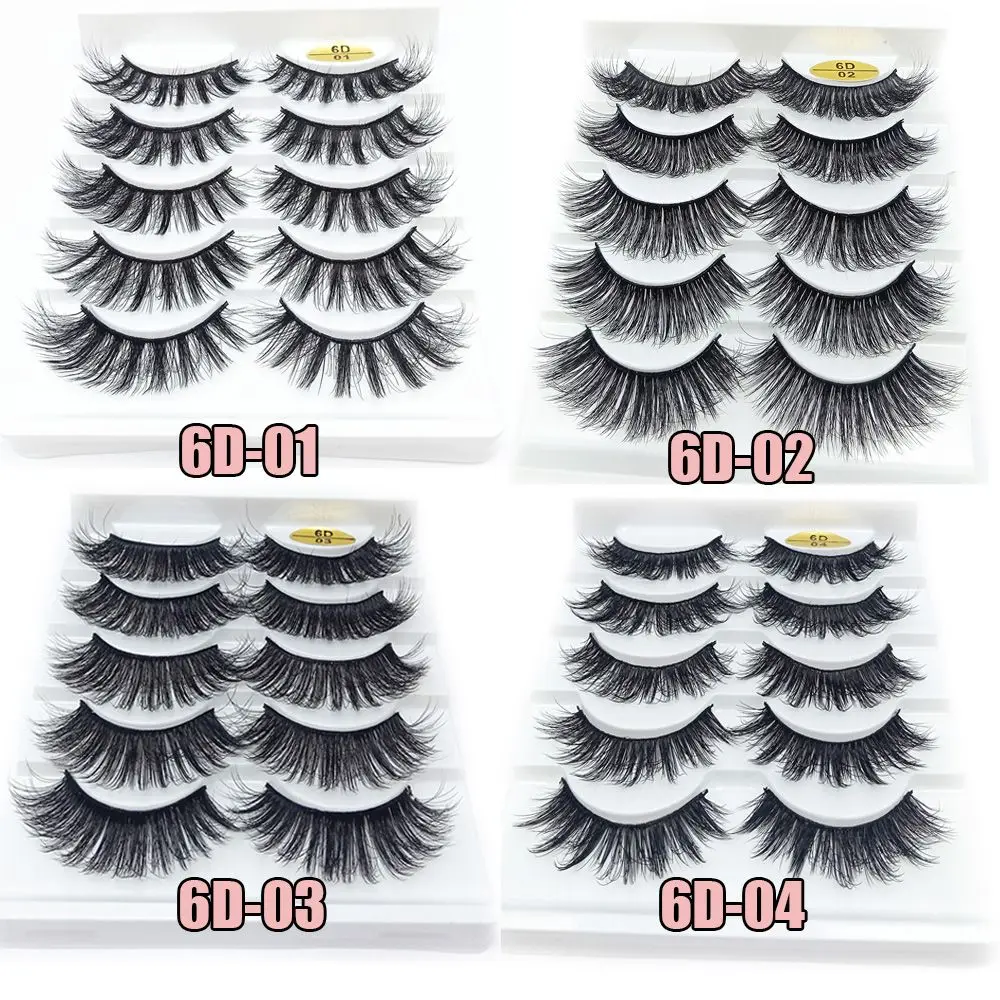 SKONHED 5 Paar Damenmode Wispy Flared Natural Long 6D Faux Nerzhaar Wimpernverlängerung Kreuzmuster Falsche Wimpern