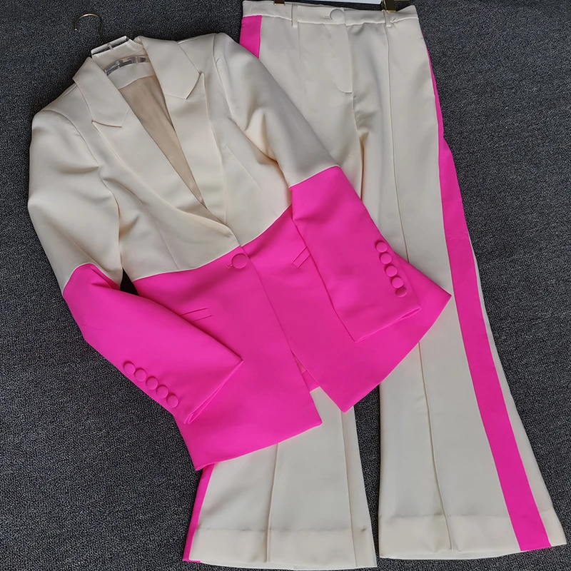 Blazer Pants Suit Two Piece Set Office Ladies Women Color Match Business Single Button Flared Pants Blazer Pants Formal Suit