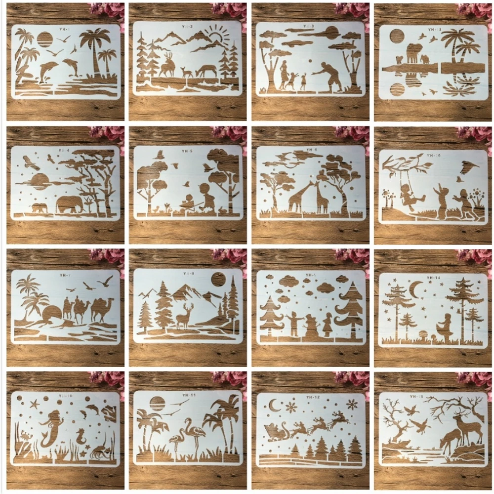 16Pcs/Set A4 29cm Landscape Animals People DIY Layering Stencils Painting Scrapbook Coloring Embossing Album Decorative Template