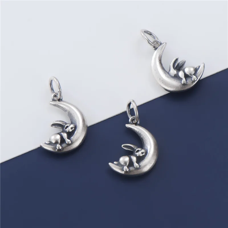 925 Sterling Silver Matte Craftwrok Moon Rabbit Necklace Charms S925 Silver Fancy Women Decoration Pendants DIY Jewelry Findings