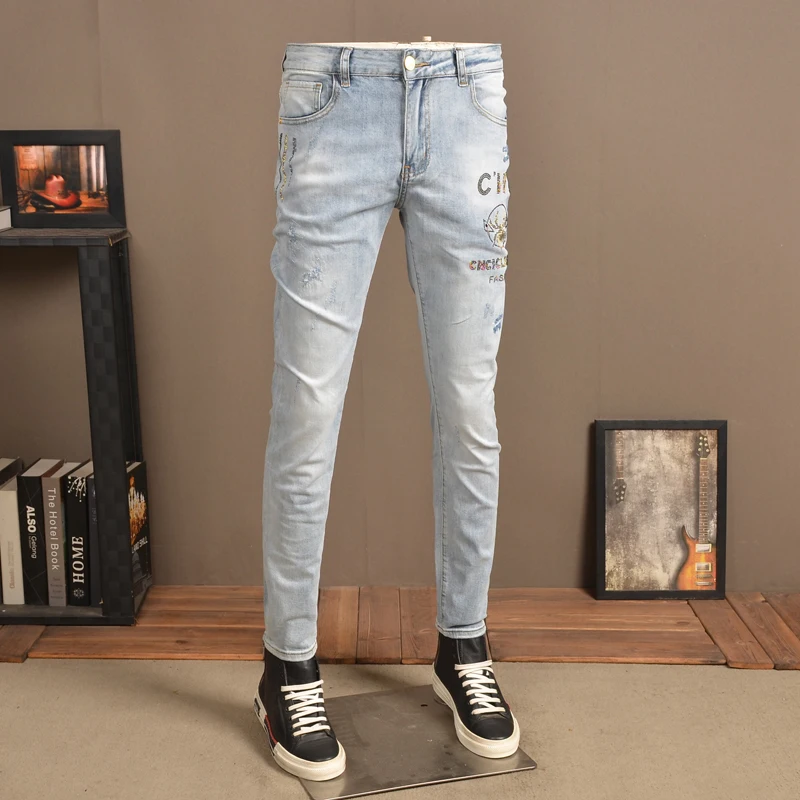 Men's Distressed Light Blue Ripped Jeans Summer Fashion Rhinestones Slim Fit Denim Pants