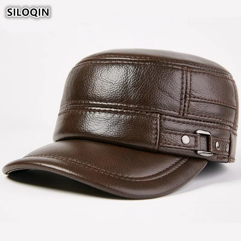 SILOQIN Snapback Cap Genuine Leather Hat Men's Military Hats Adjustable Size New Middle-aged Men Cowhide Leather Flat Caps