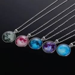 Vintage Long Moon Glow In The Dark Necklace Glow Moon Necklace For Women Jewelry Cabochons lunar Pendant Fluorescence Light