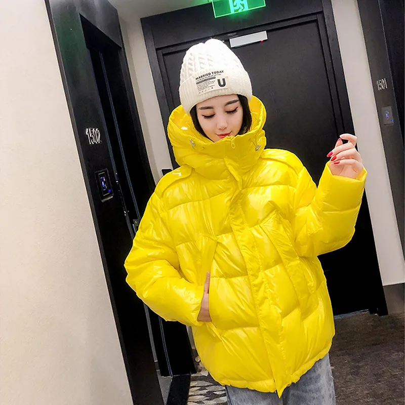 Winter Women Thick Warm Bright Black Shiny Parka Cotton Jacket Fashion Hooded Glossy Down Cotton-Padded Outerwear Mujer chaqueta