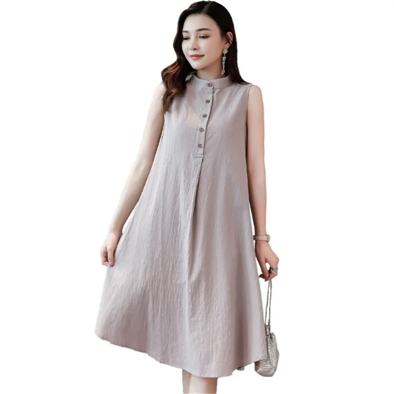 

M L XL 2022 New Women's Spring Dress Woman Summer Casual Large Size Linen Sleeveless Sundress Black Female Dress