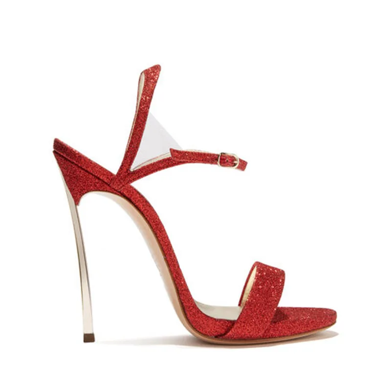 Purple Red Bling Straps Metallic Heel Sandals PVC Patched Ankle Strap Banquet Shoes Peep Toe Summer Cutout Wedding High Heel