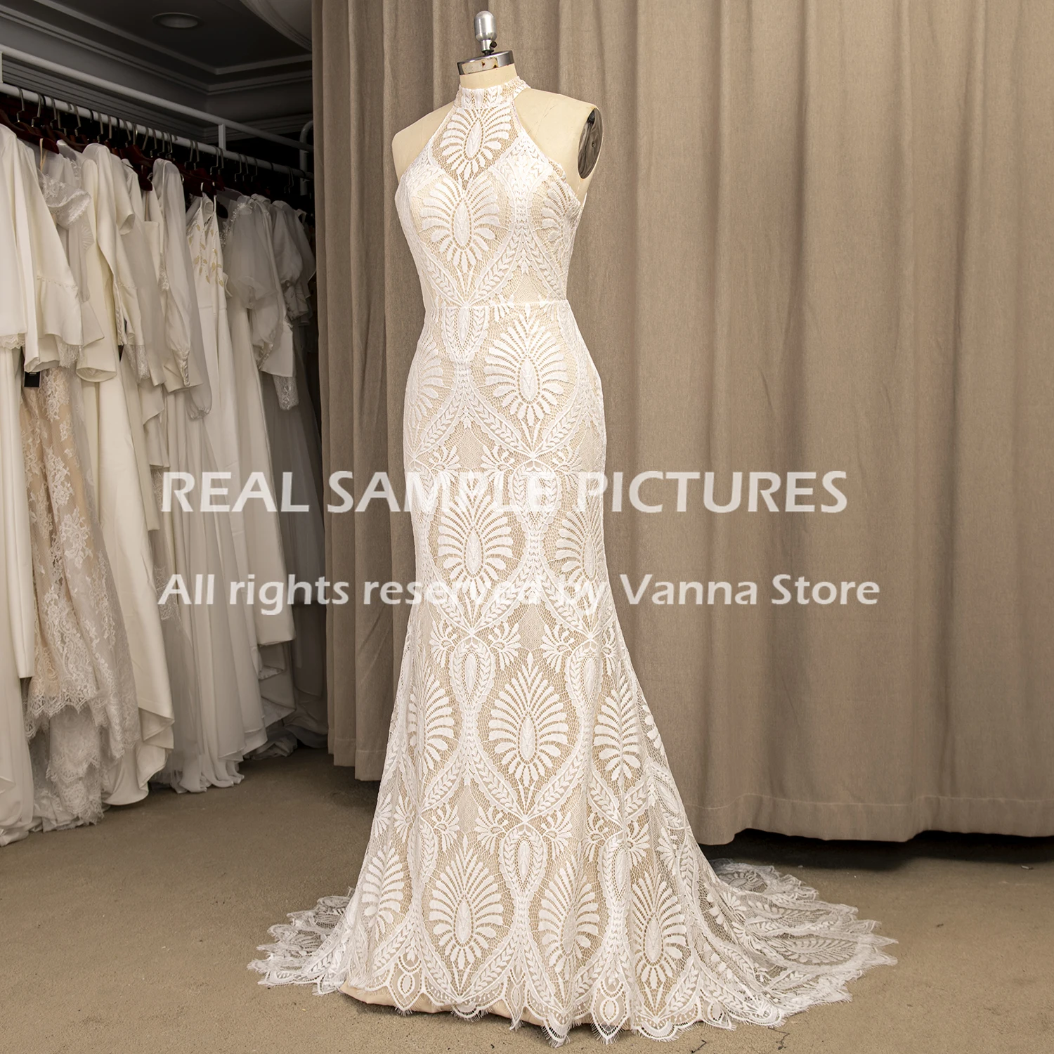 2023 Halter Floral Lace Wedding Dress Plus Size Backless Mermaid Long Beach Bridal Gown Sleeveless Real Photos Custom Made #9271