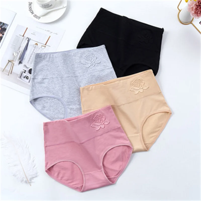 Cotton Women\'s Panties Elastic Soft Large Size 3XL Embossed ROSE Ladies Underwear Breathable Sexy High Waist Briefs Hip Lift