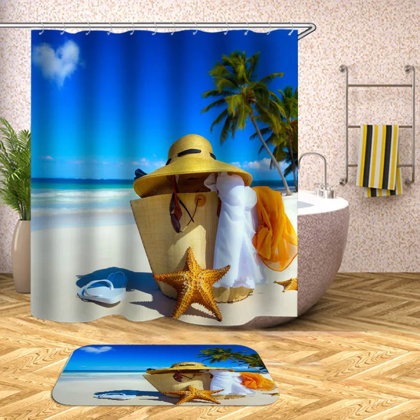 Beach Shell Sea Waterproof Shower Curtain Printed Bath Curtains for Bathroom Bathtub Bathing Cover Extra Large Wide 12pcs Hooks