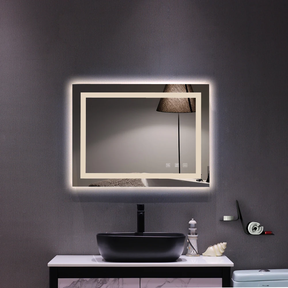 Bathroom Mirror with Led Light Glass Mirror Square Touch LED Anti-fog Easy to install Tricolor Dimming Lights 32*24