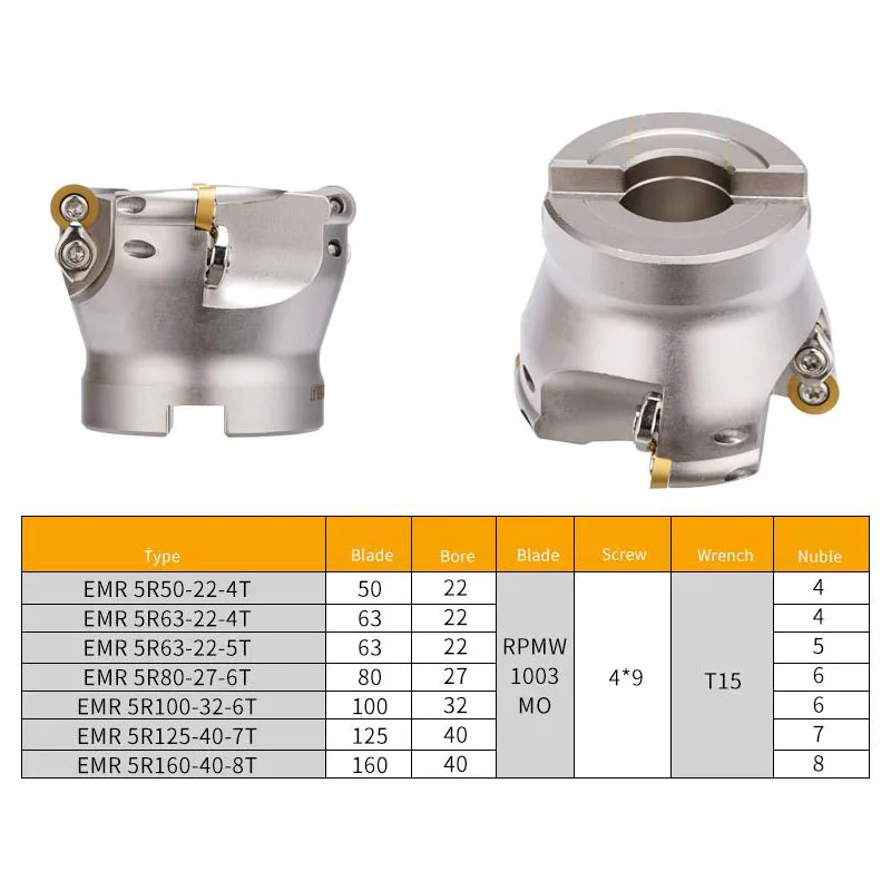 EMR5R 50-22-4T EMR5R63-22-4T 80-27-6T 100-32-6 الكتف الوجه الطحن القاطع رئيس الكرة الأنف طحن أدوات رئيس إدراج RPMW1003MO