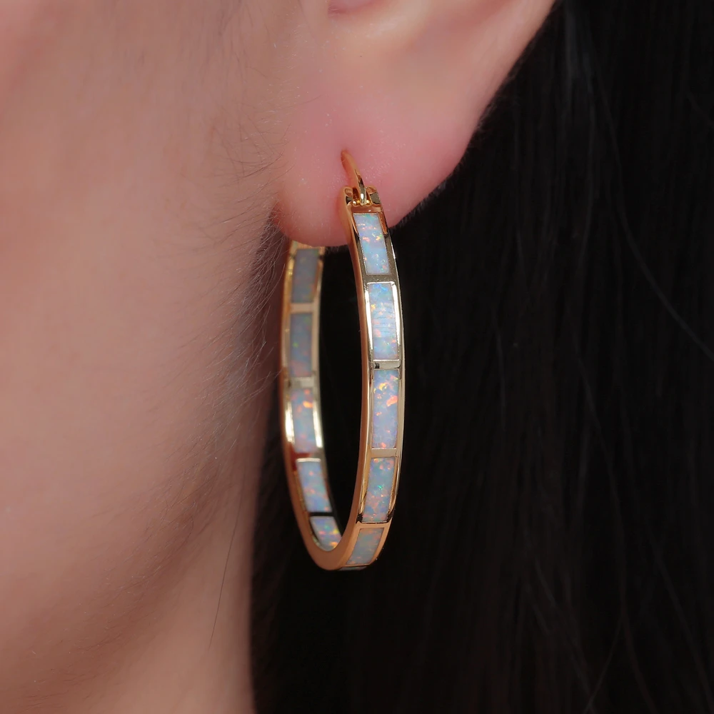 CiNily Blue Green Fire Opal Stone Hoop Earrings for Women Silver/Rose Gold Color Big Round Circle Hip Hop Punk Party Jewelry