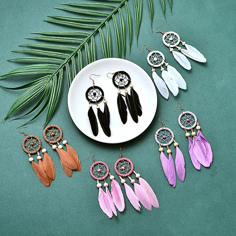 2020 Bohemia Women Natural Wood Coffee Feather Tassel Earrings Summer Indian Jewelry Tibetan Dream Catcher Drop Dangle Earrings