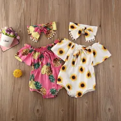 Baby Summer Clothing Baby Girl Flower Clothes Girls Off Shoulder Bodysuit Headband Pineapple Kids Sunflower Newborn Outfits Set