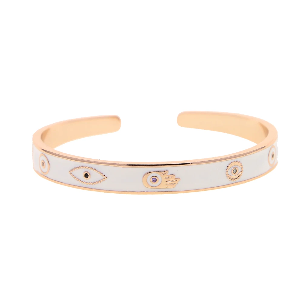 2024 Summer New Fashion Rose Gold Color White Enamel Lucky Turkish Evil Eye Open Cuff Charm Bangle Bracelets For Women Jewelry