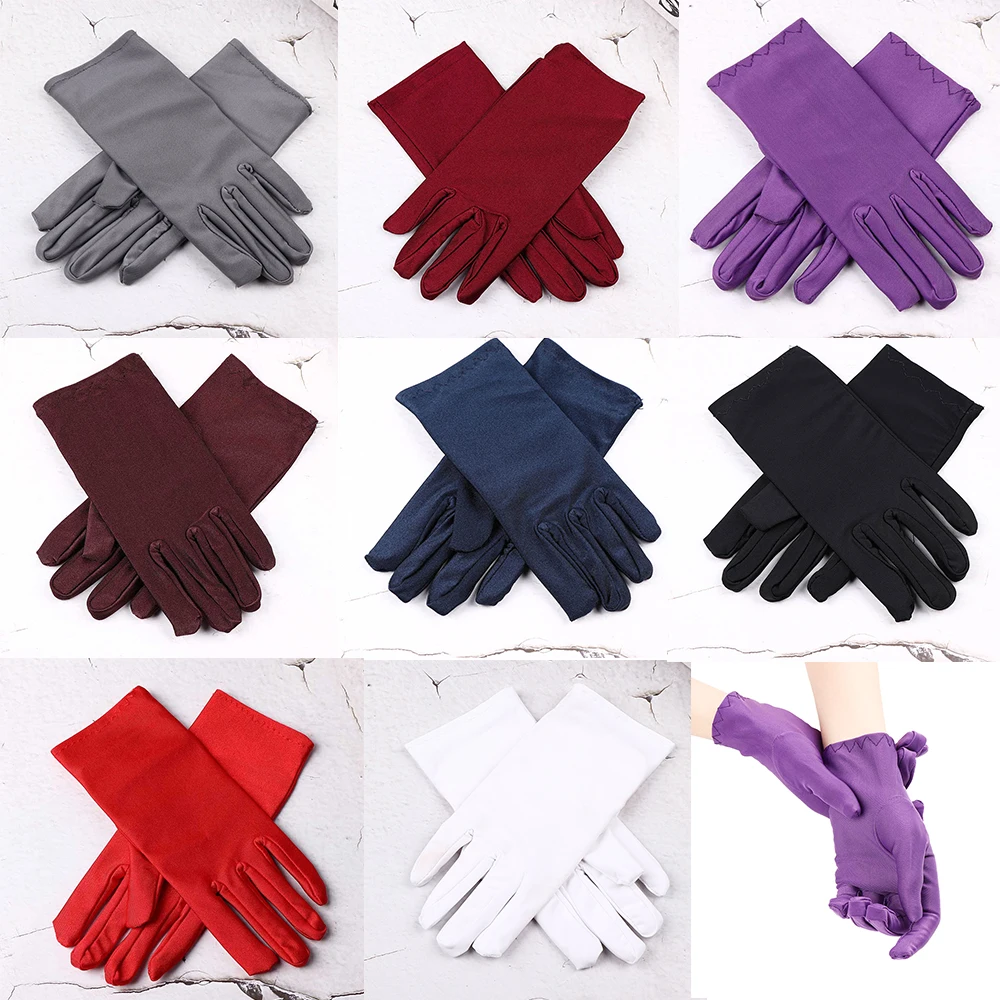 1 Pair Fashion Women Wrist Length Gloves Sexy Black White Red Short Satin Stretch Gloves for Ladies Girls Hand Gloves