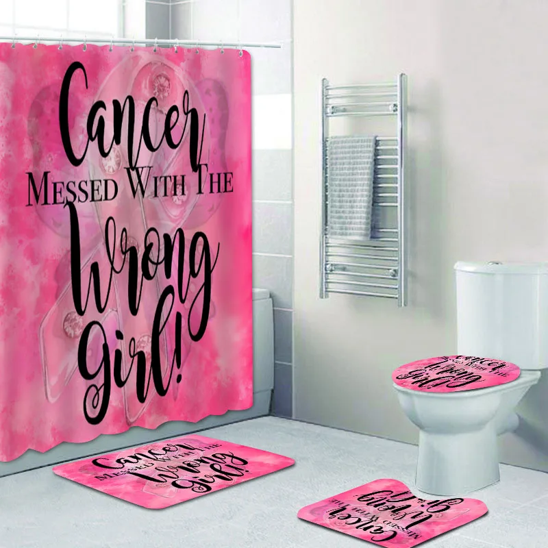 

Pink Cancer Messed with Wrong Girl Bathroom Accessories Home Decor Cancer Awareness Shower Curtain for Bathroom Bath Rug Carpet