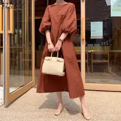 Autumn Casual Solid Sundress ZANZEA Elegant Women's Puff Sleeve A-line Dress Female Stylish Party Dresses S- Work OL Vestido7