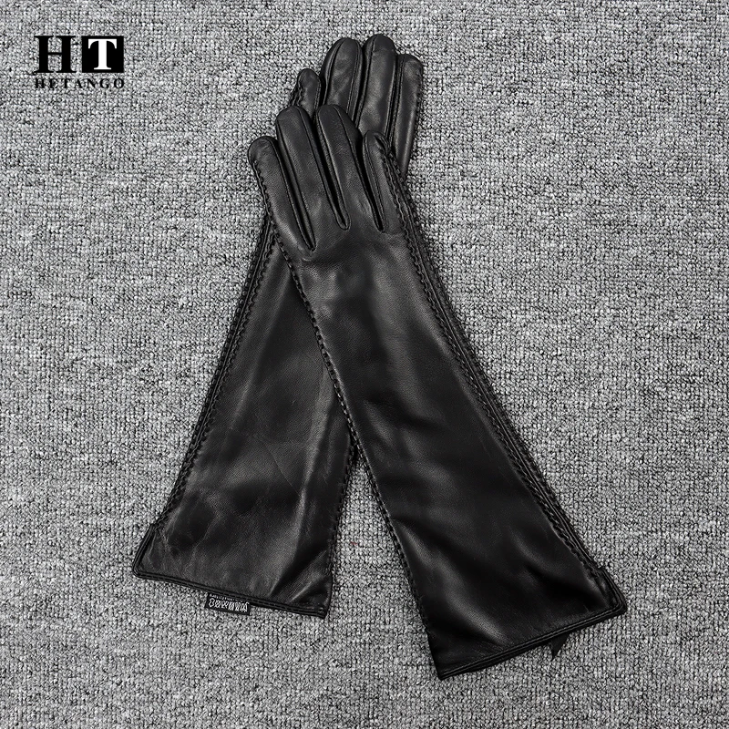 Winter Women Fashion Sheepskin Arm Sleeve Outdoor Warmth Fluff Lining Genuine Leather Mittens Female Long Style Elbow Gloves