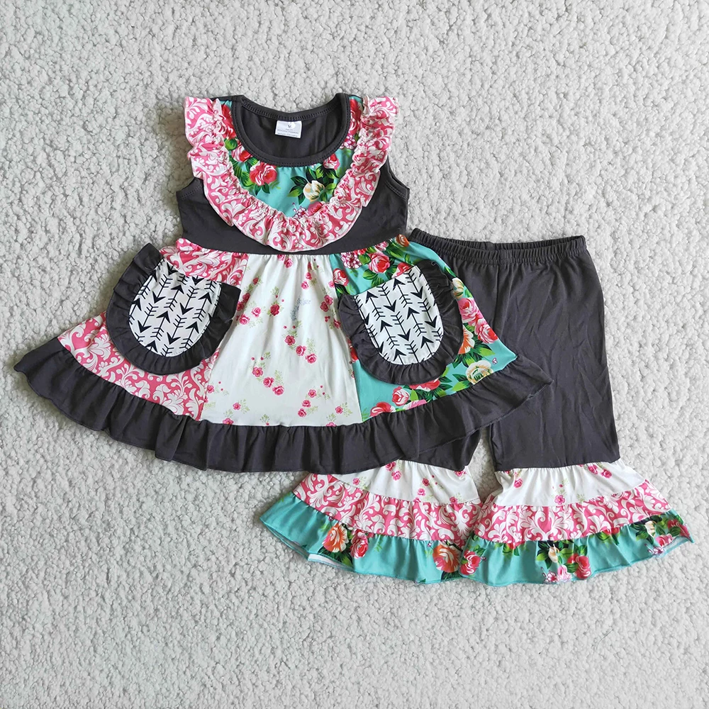 

New arrival pocket outfits for baby girls flower cute top+black bell-bottoms 2 pieces sets children kids clothing