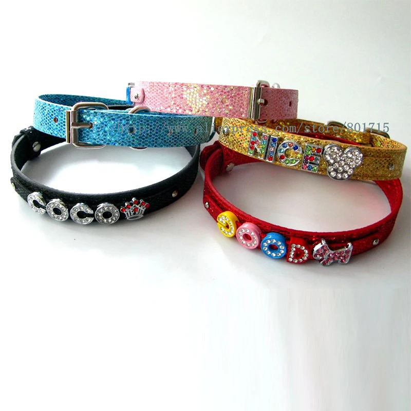 5pcs/Lot Sequins Leather Dog Cat Pet Collar 400mm Length 15mm Width With 8mm Small Belt Name Tag For Slide Letter Charms DIY