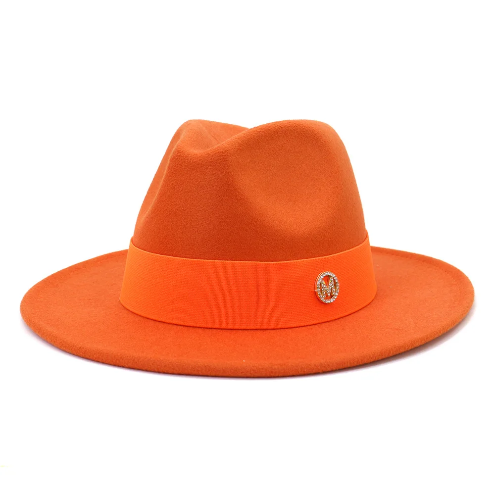 Colorful Wool Fedoras Hats For Women Men Orange Red Hat M Mark Belt Panama Outdoor Travel Cap Wide Brim 55-58CM шапка casquette