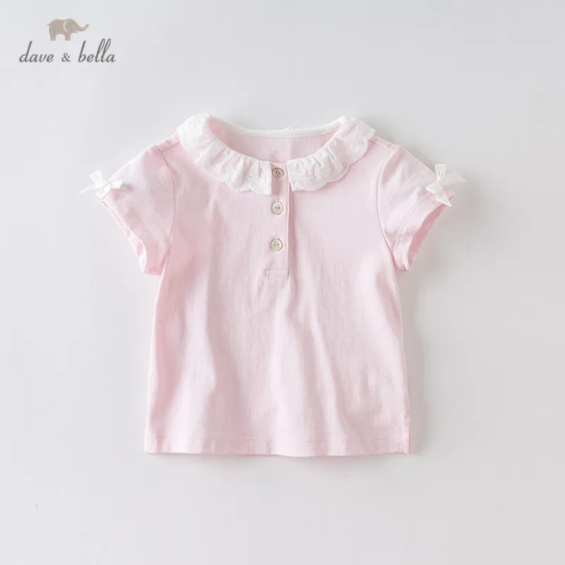 DB13962 dave bella summer baby girls cute bow solid T-shirt children short sleeve tops girls cute kids fashion tees