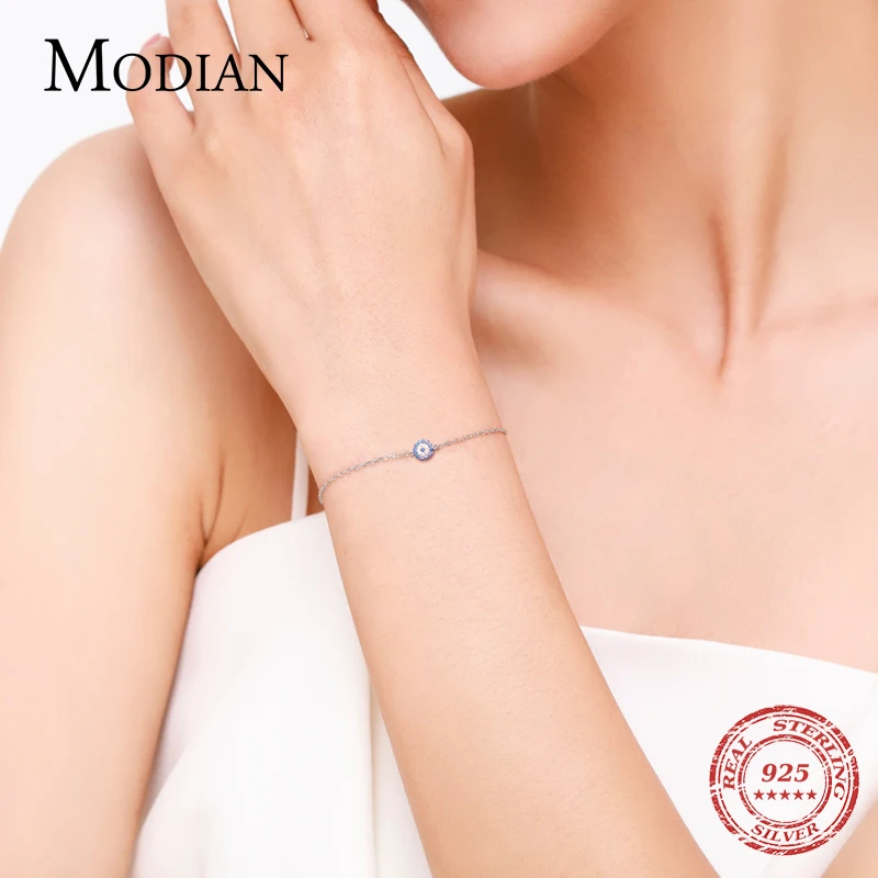 Modian Real 925 Sterling Silver Round Exquisite Lucky Eyes Pave Zirconia Bracelet For Women Adjustable Chain Fine Jewelry Gifts