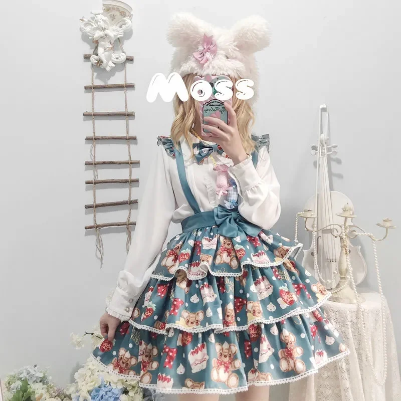 Jupe Lolita japonaise pour étudiantes, tenue Kawaii Vintage, Falbala mignon imprimé, sangle à nœud papillon, Lolita Cosplay Cos Loli