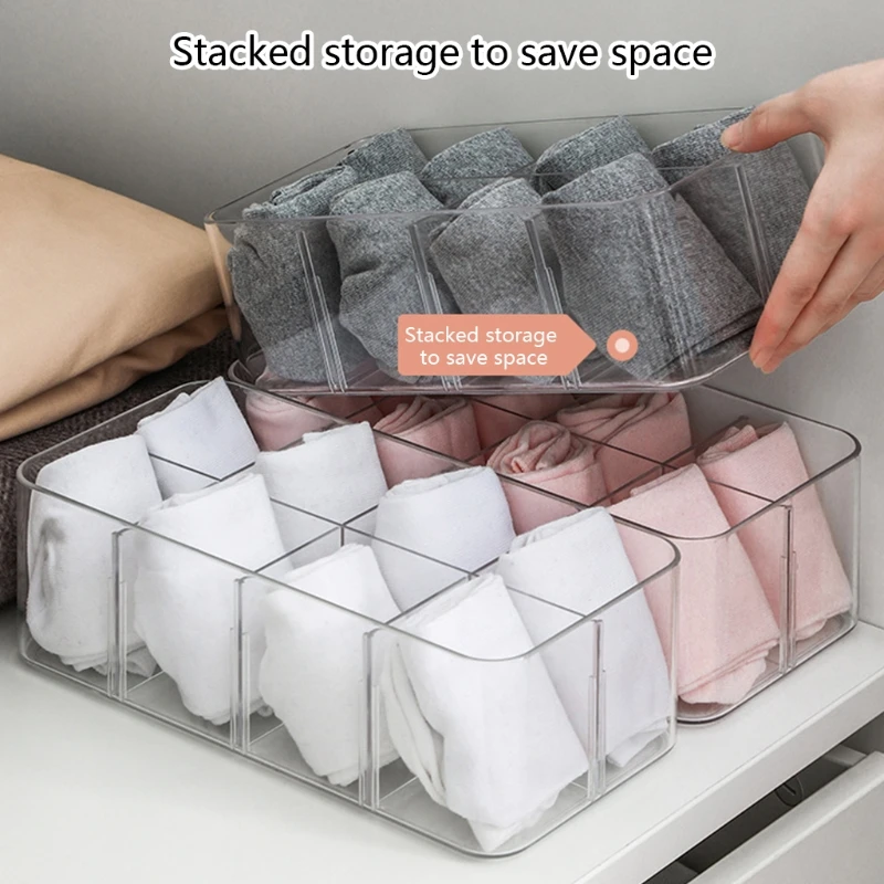 Clear Acrylic Underwear Drawer Organizer Box 4/8 Grids Compartment Divided Closet Storage Bin Stackable Shelf for Socks