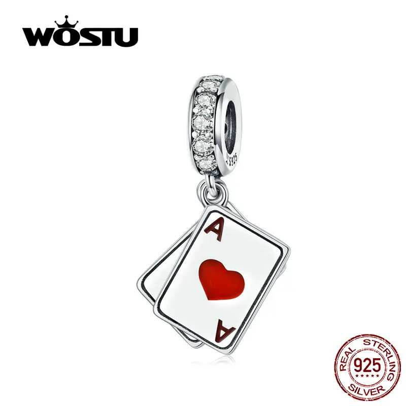 

WOSTU Poker Red Heart A Dangle Charm 925 Sterling Silver Dazzling Zircon Beads Fit Original DIY Bracelet Jewelry Making CQC1172