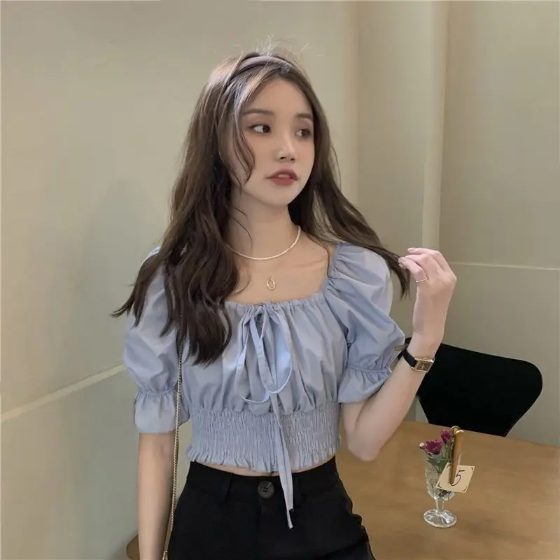 Off Shoulder Lace Up Bow Crop Top Blouse Women Summer Shirring Puff Short Sleeve Female Shirts Sweet Ruffle Tunic Korean Fashion