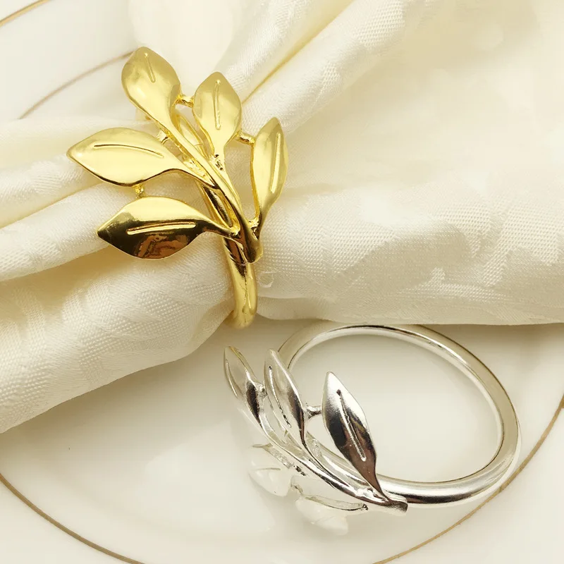 6pcs/lot Fall Leaves Napkin Rings Gold Silver Christening Bangle Metal Napkin Holder Wedding Gifts Baptismal Shower Party Decor