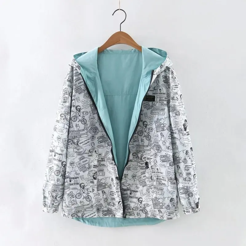 2024 Spring Hot Sale Women Basic Jacket Coat Two Side Wear Print Cartoon Pocket Zipper Hooded Jackets Windbreaker Outwear Female