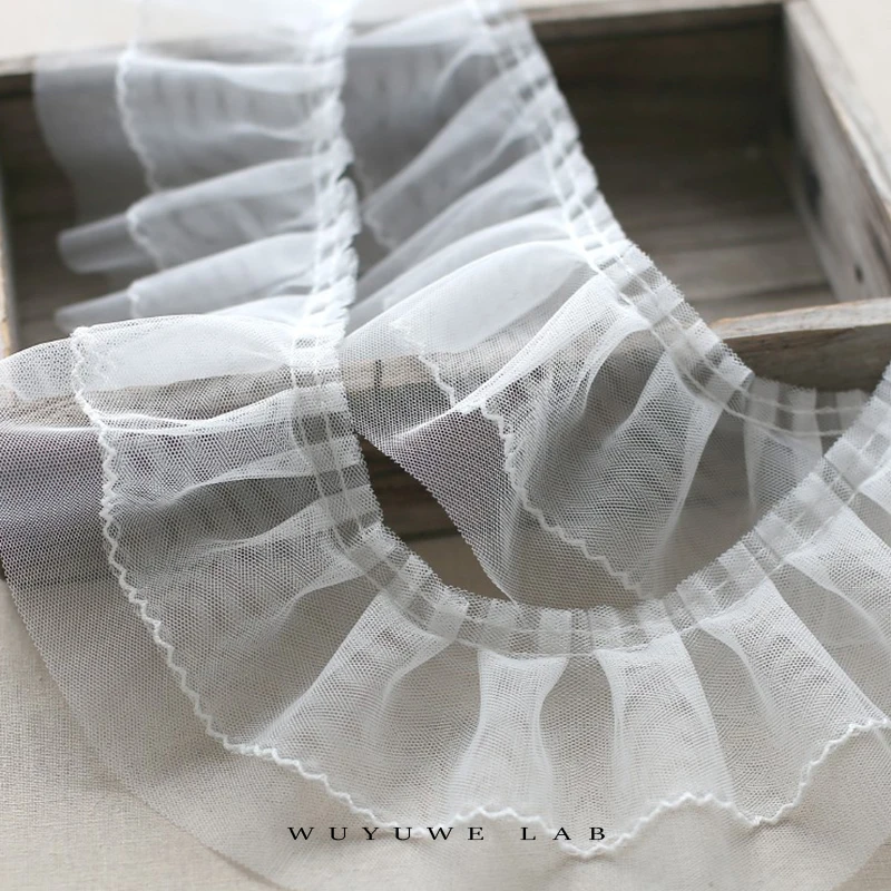 1M white double Layers 3D Lace Trim Pleated Fabirc Embroidered Ribbon Skirt Sofa Curtains Garment Patchwork Decoration 10cm wide