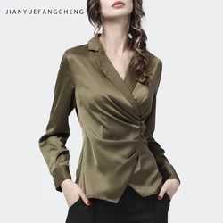 Office Ladies Suit Collar Long Sleeve Shirt Women Autumn New Satin Tunic Tops Blouse Slim V-Neck Elegant Olive Green Shirts